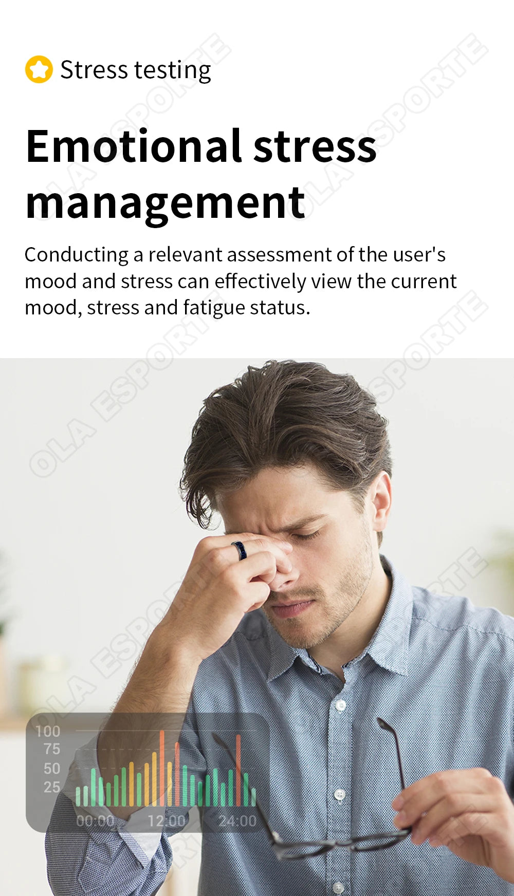 Man wearing a sleek black smart health-tracking ring, with an overlaid graph displaying stress and fatigue levels.