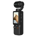 Black handheld gimbal camera with an integrated screen and controls, showing a woman's portrait on the display.
