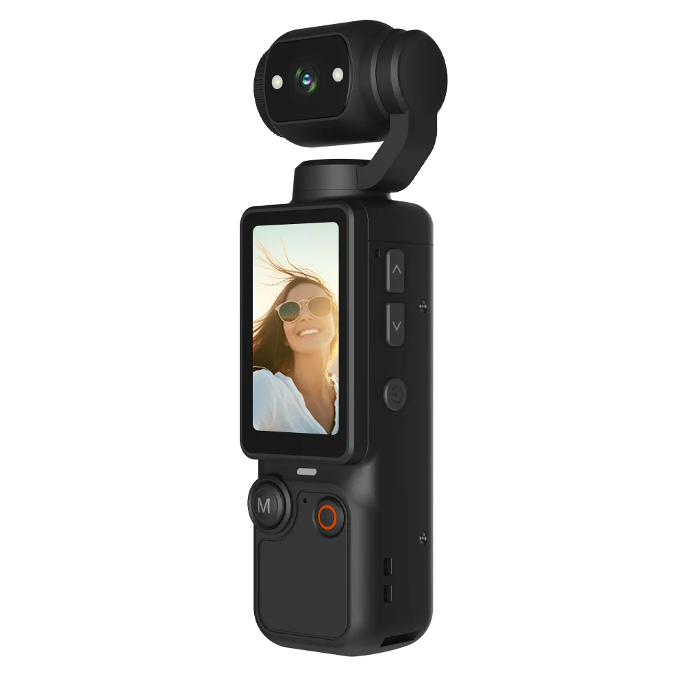 Black handheld gimbal camera with an integrated screen and controls, showing a woman's portrait on the display.