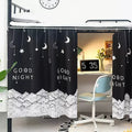 Black bunk bed privacy curtains with a black and white moon, star, and mountain design featuring 'Good Night' text.