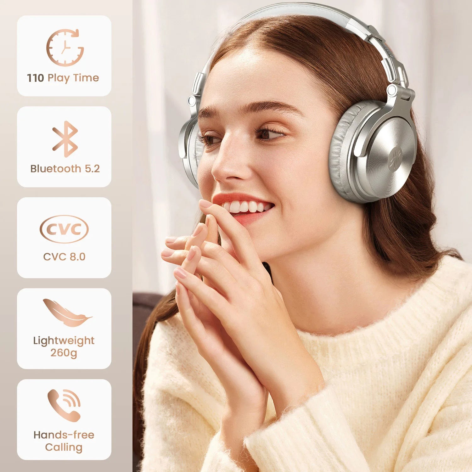 Woman wearing stylish silver over-ear wireless Bluetooth headphones with microphone, highlighting 110-hour battery life.