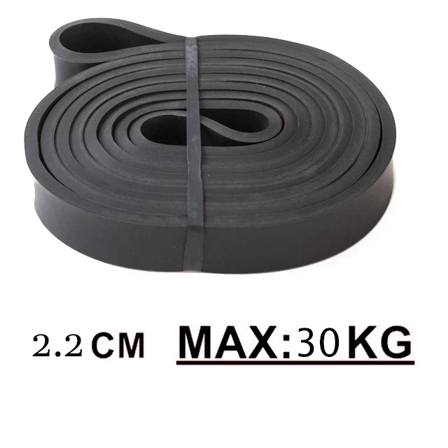 Coiled black rubber resistance band, 2.2 cm wide with a 30kg maximum resistance capacity.