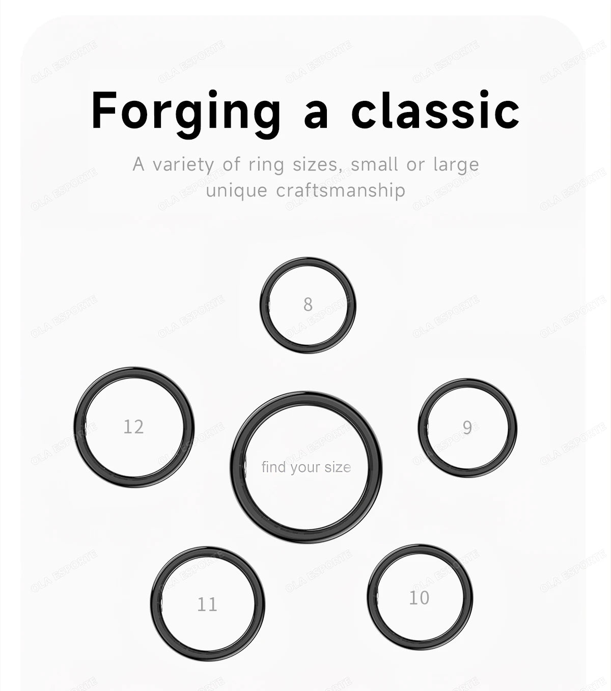 Five sleek black smart health tracking rings arranged in a circle, showcasing various available sizes from 8 to 12.