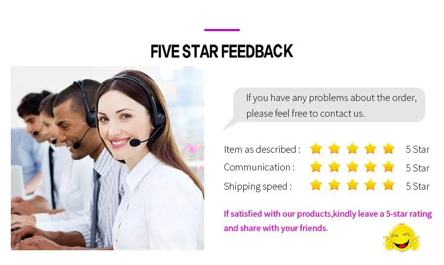 Customer service team wearing headsets, asking for five-star feedback and contact for order issues.