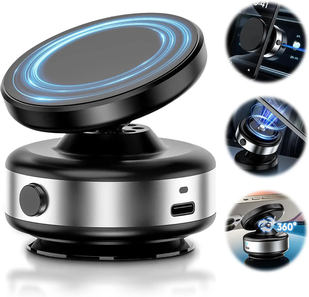 Black and silver magnetic car phone mount with a rotating head and blue circular LED light indicator.