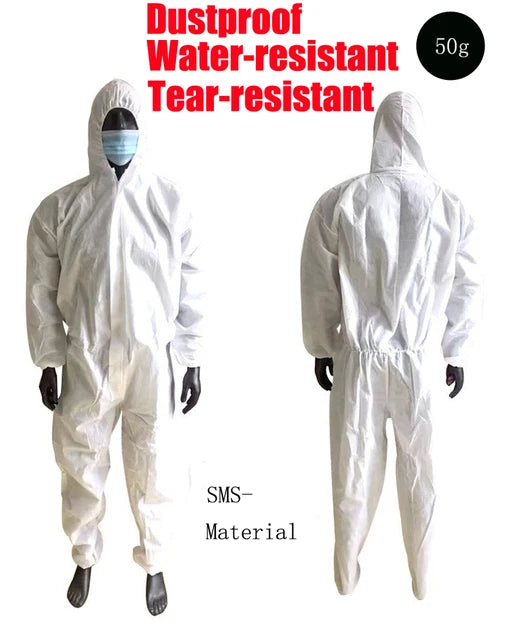 White SMS material hooded protective coverall, dustproof, water-resistant, and tear-resistant.