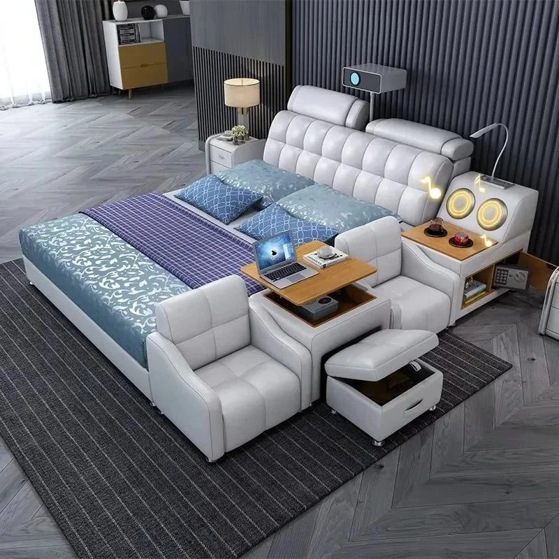 Modern white storage double bed with a padded headboard, integrated side tables, built-in speakers and seating.