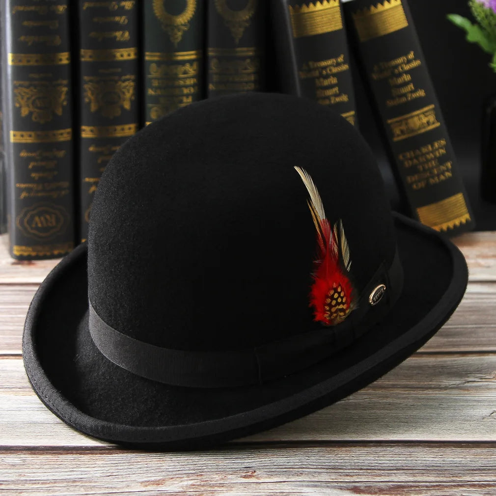 Classic black wool bowler hat featuring a grosgrain ribbon band and a decorative red and brown feather accent.