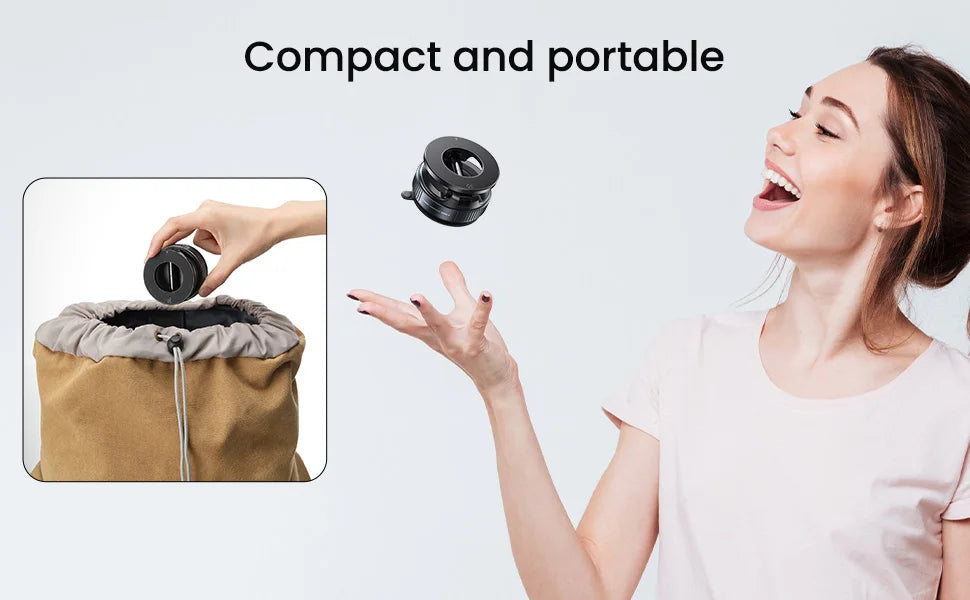 A woman tosses a small, black, circular camera lens, also shown being placed into a brown drawstring bag.