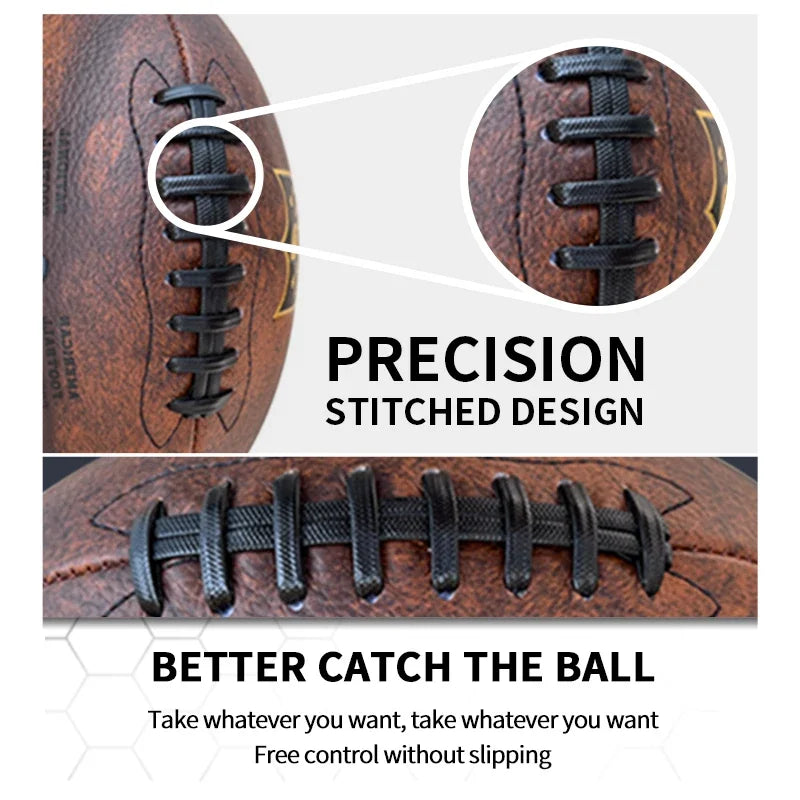 Brown American football with precision black stitched laces for better grip and control.