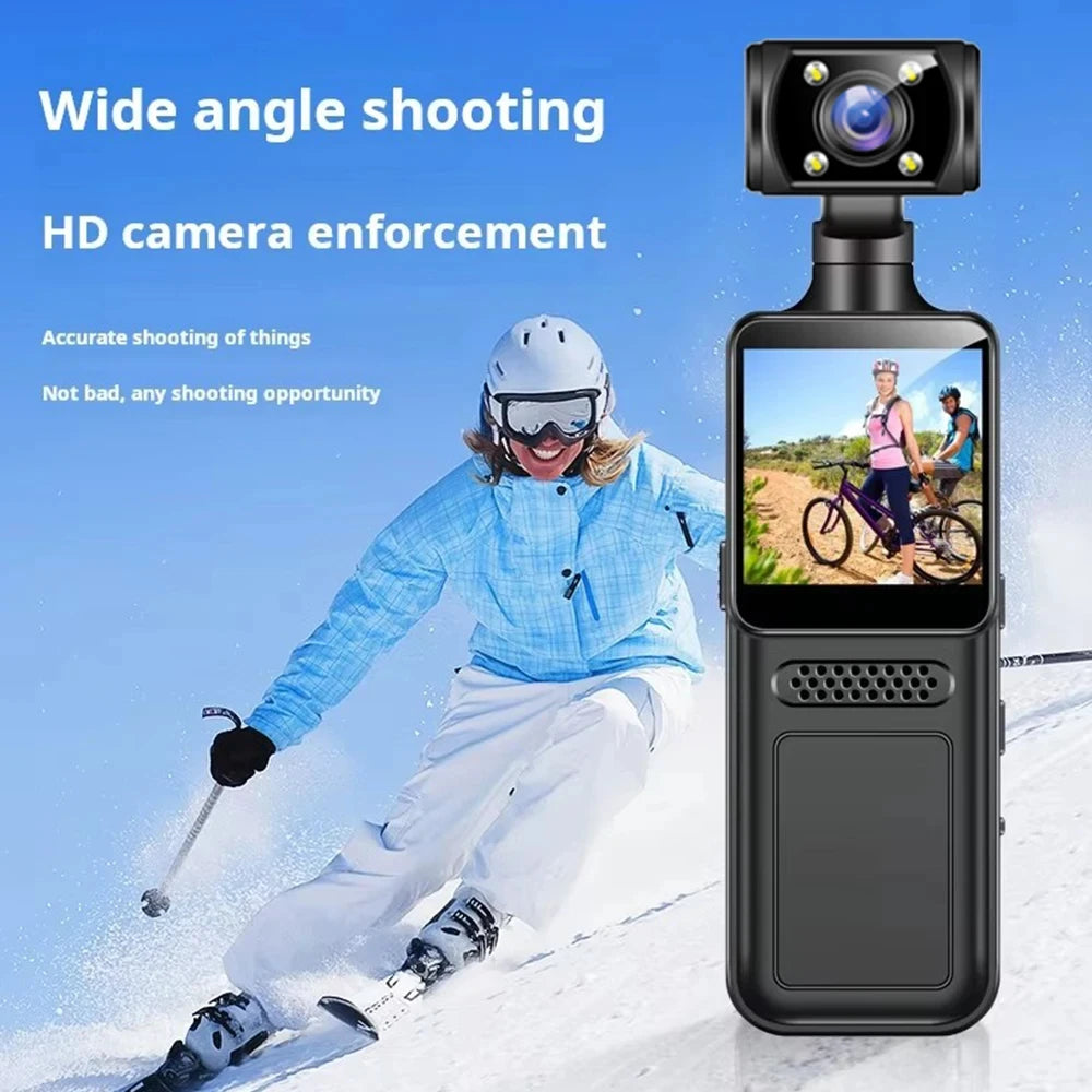 Black plastic portable body camera with a rotatable HD lens and integrated display screen.