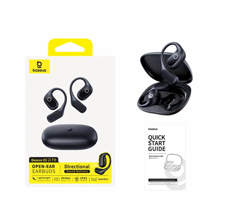 Black open-ear wireless earbuds with ear hooks, charging case, and quick start guide in retail packaging.
