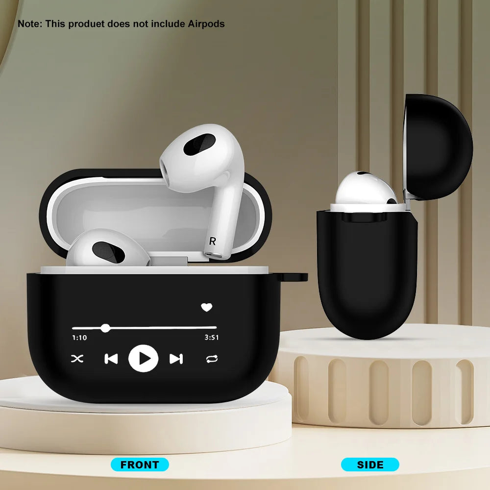 Black silicone case for AirPods 3, featuring a white music player design print. Front and side views shown.