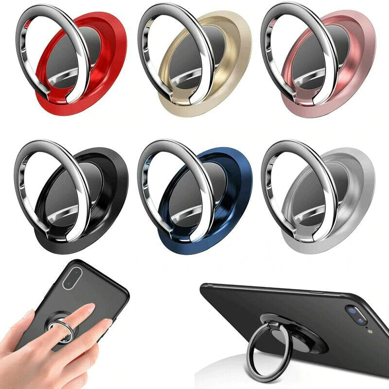 Six metallic phone ring holders in various colors, used for grip or as a kickstand on a smartphone.