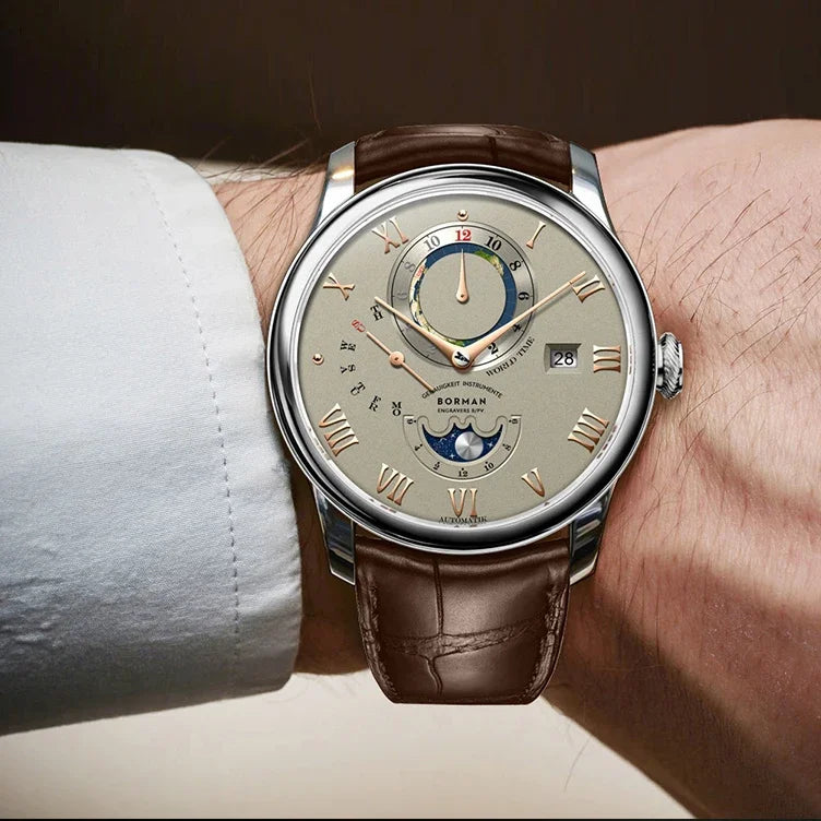Men’s automatic mechanical watch with a beige dial, rose gold Roman numerals, brown leather strap, and moonphase.