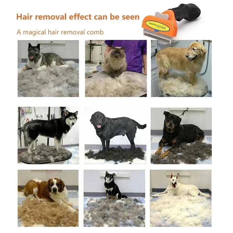Orange and black pet shedding comb shown with a collage of various dog breeds sitting behind piles of removed fur.