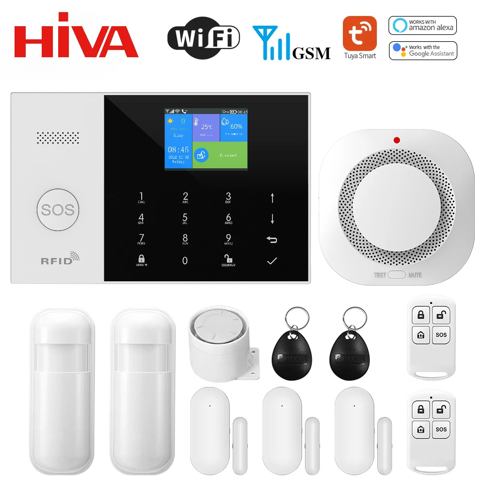 Wireless smart alarm system with white control panel, sensors, remote key fobs, and RFID tags for home security.