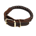 Dark brown braided real leather dog collar with gold-tone buckle and D-ring, featuring heavy-duty stitched detail.