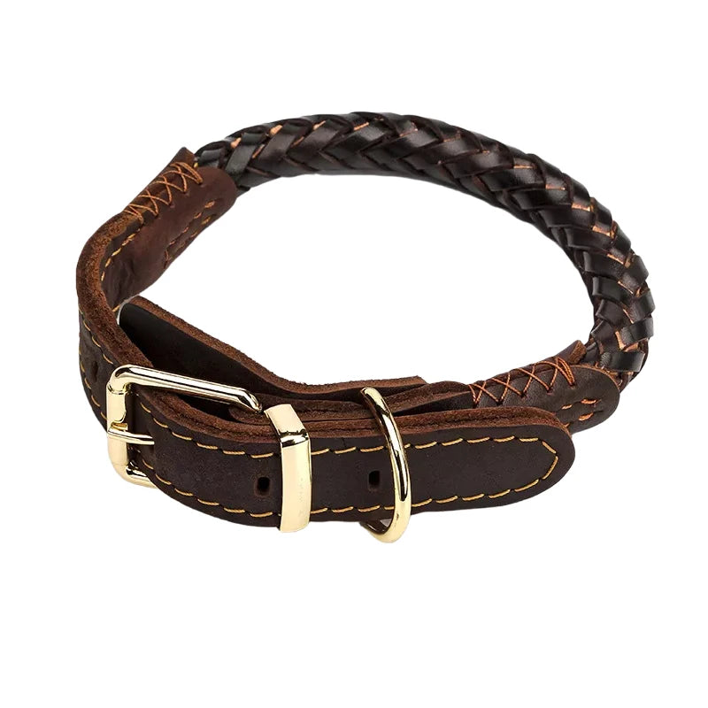 Dark brown braided real leather dog collar with gold-tone buckle and D-ring, featuring heavy-duty stitched detail.