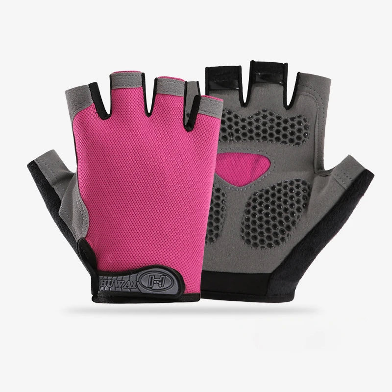 Pair of fingerless gym gloves in pink and grey, featuring a breathable mesh top and textured grip palm.