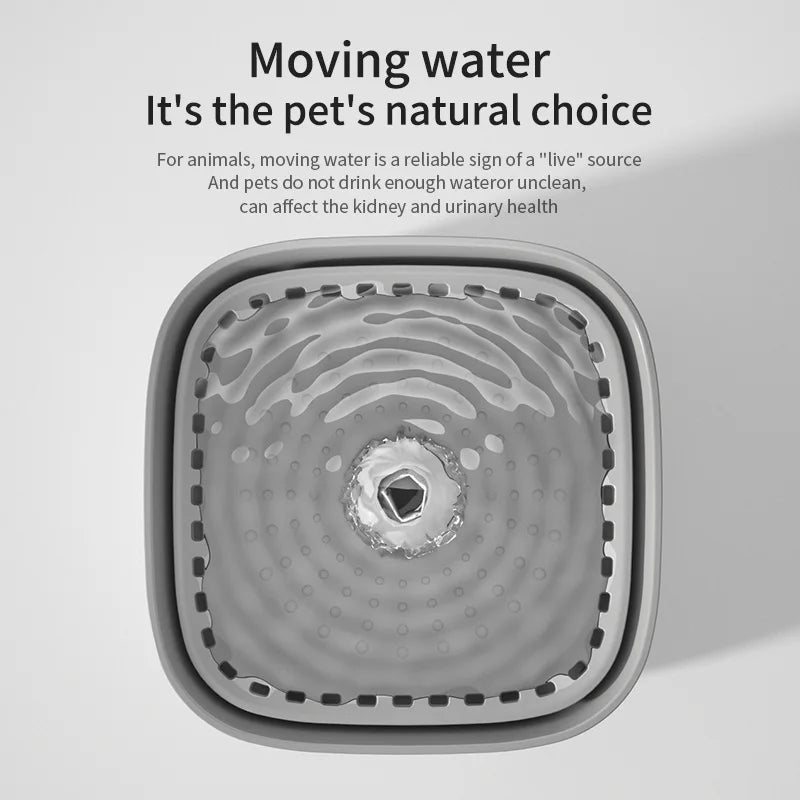Top-down view of a grey square pet water fountain with rippled design and central water flow.