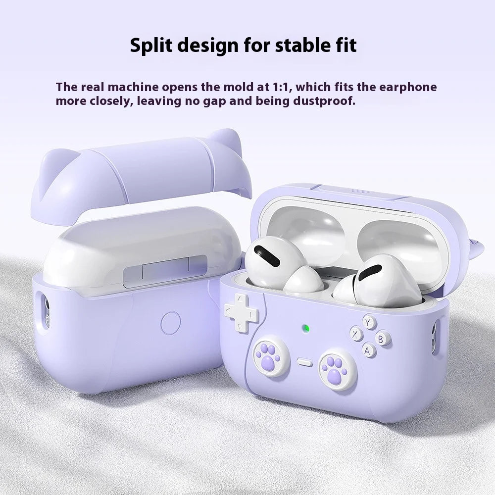 Lilac silicone AirPods Pro case with a retro gaming controller design and split top cover.