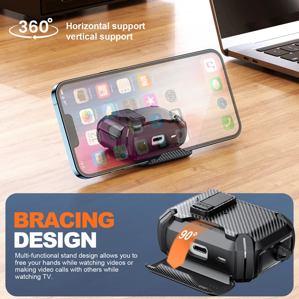 Rugged black carbon fibre-style protective case with integrated stand for AirPods Pro, shown acting as a phone rest.
