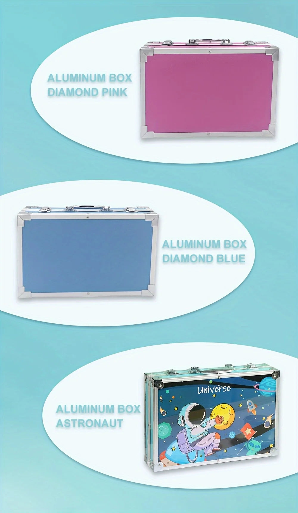 Three rectangular aluminium storage cases with silver metal corners in plain pink, blue, and space astronaut print.
