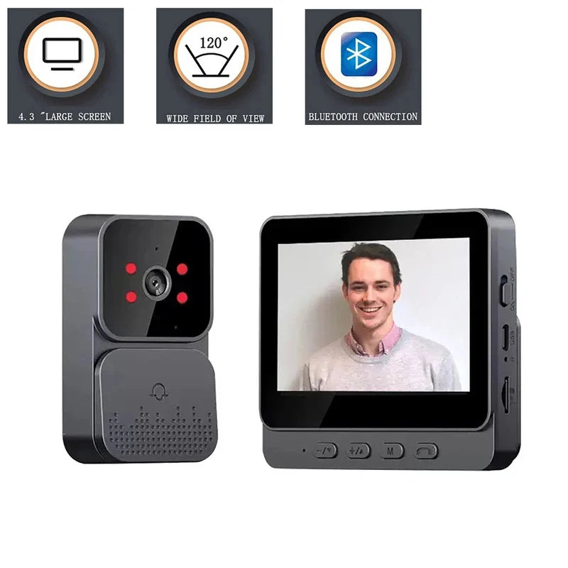 Dark grey wireless smart doorbell with a 4.3-inch display showing a visitor, 120-degree view, and Bluetooth feature.