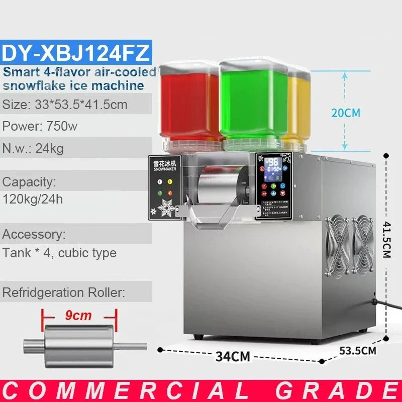 Stainless steel commercial bingsu machine with four colourful flavour tanks, digital display and cooling fans.