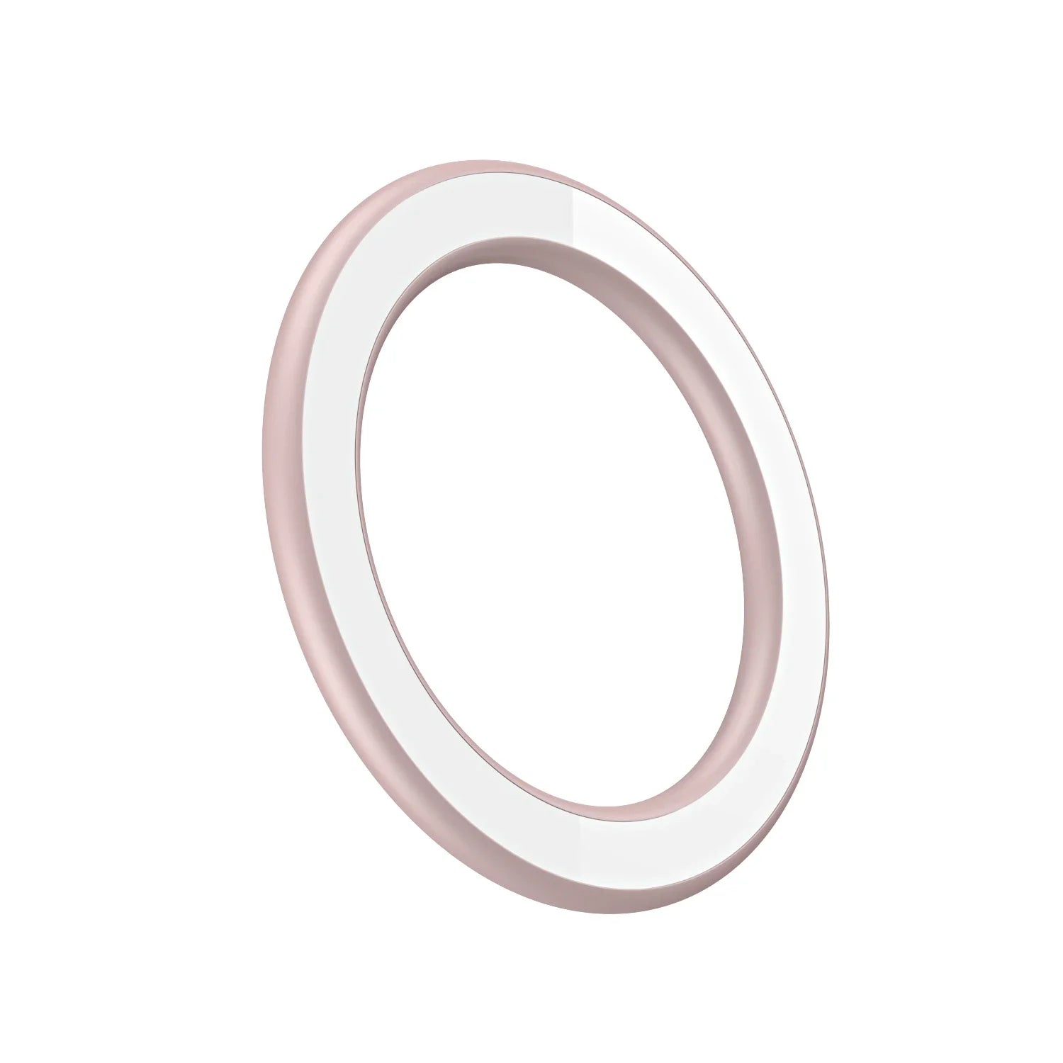 A sleek, dusty pink ring-shaped magnetic wireless charger with a white circular charging surface.