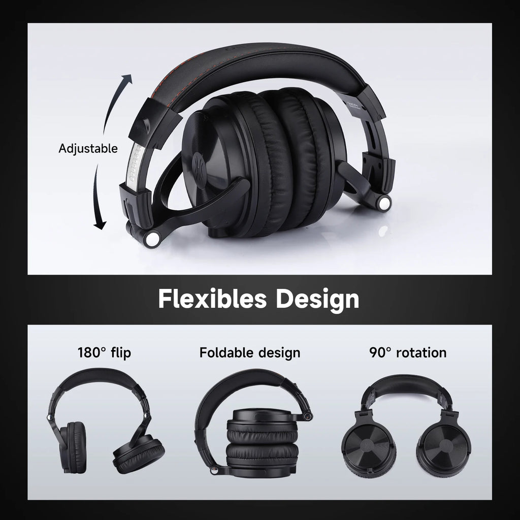 Black wireless over-ear headphones with a flexible, foldable design, adjustable headband, and 180-degree flip capability.