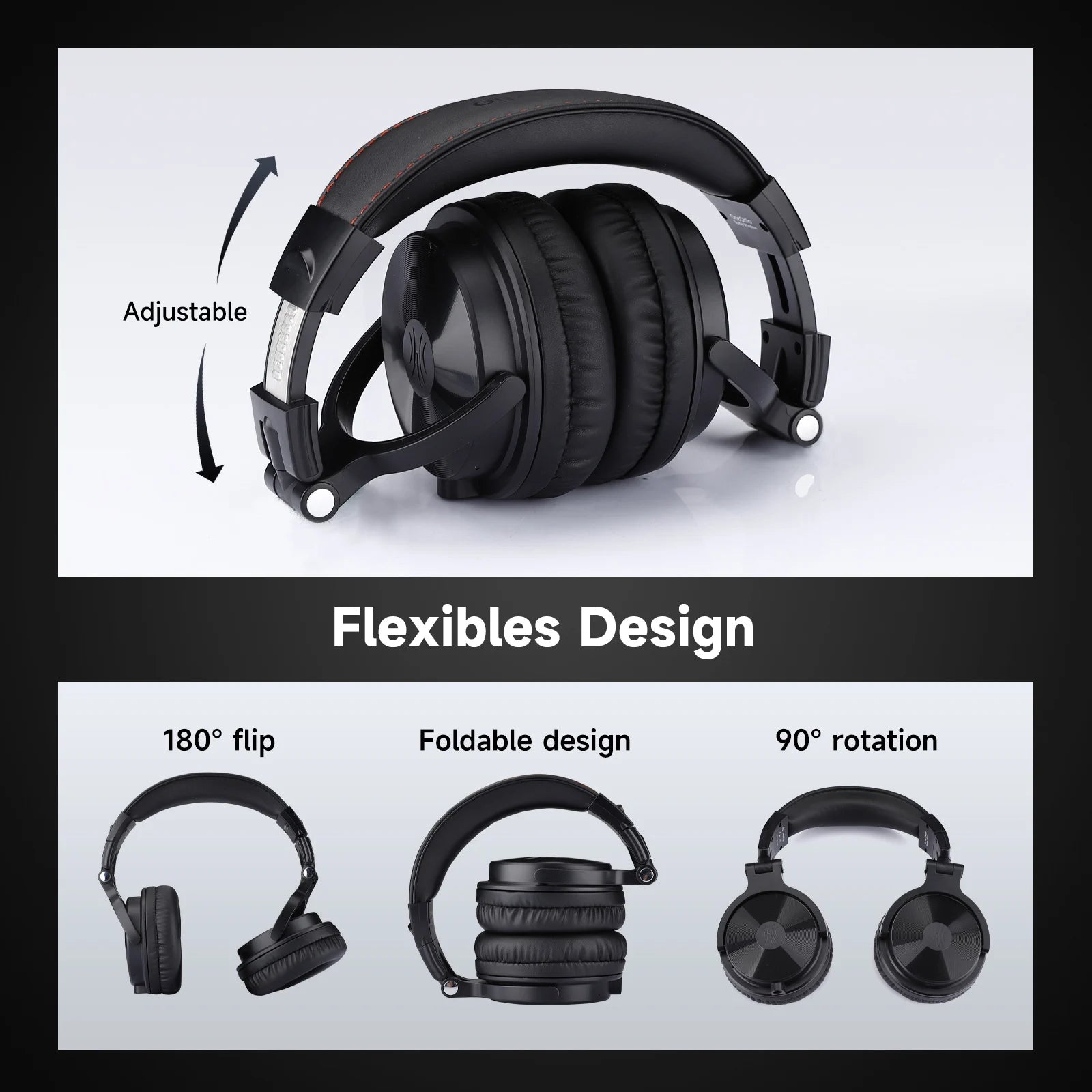 Black wireless over-ear headphones with a flexible, foldable design, adjustable headband, and 180-degree flip capability.