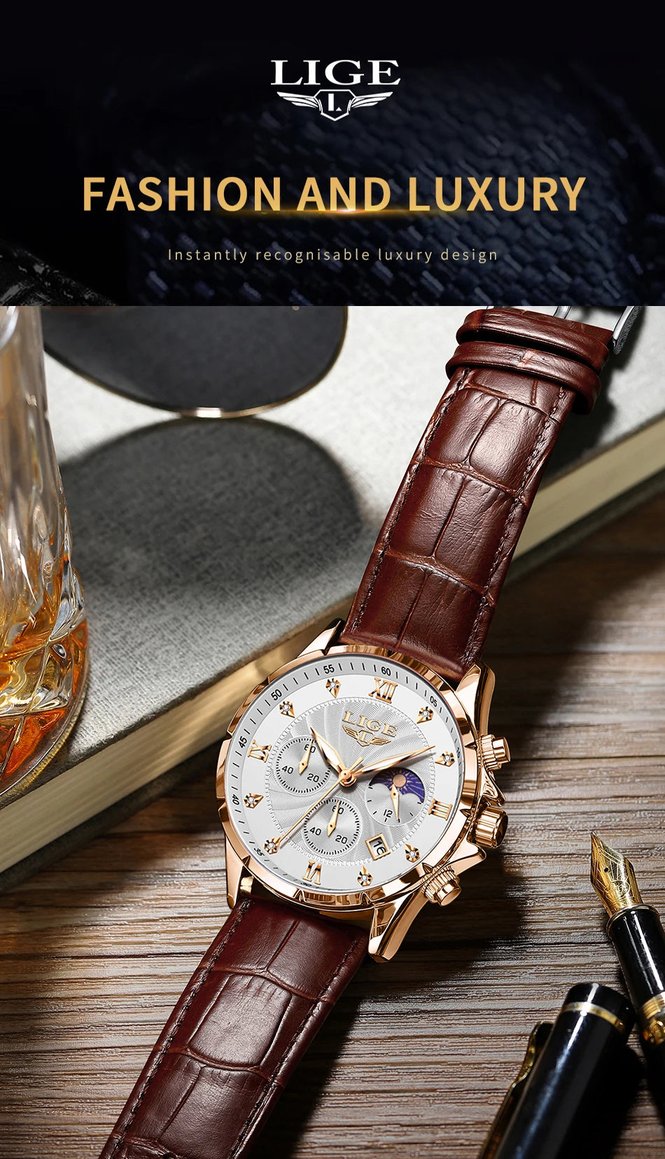 Men's chronograph watch with a rose gold case, white patterned dial, and a brown embossed leather strap.