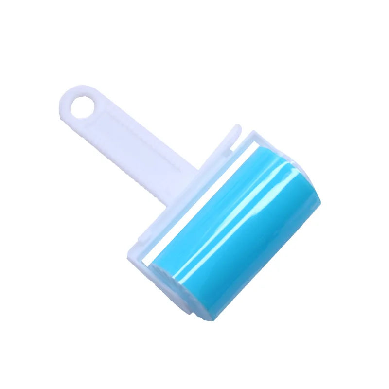 Blue sticky lint roller with a white plastic handle, isolated on a white background.