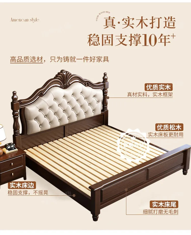Retro 180x200cm dark wood double bed frame with an elegant, cream-coloured button-tufted headboard and slatted base.
