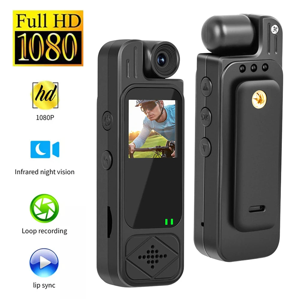 Black plastic portable body camera with LCD screen, rotating lens, buttons, and night vision capabilities.