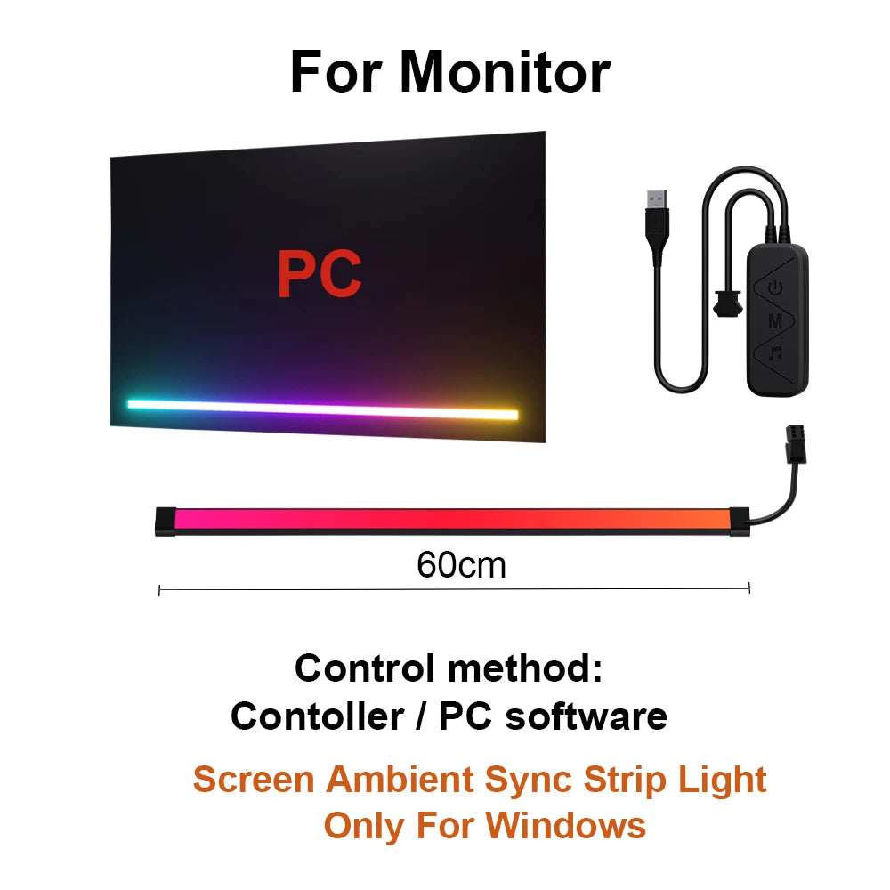 60cm colour-changing LED backlight strip for PC monitors with a handheld controller for ambient sync effects.