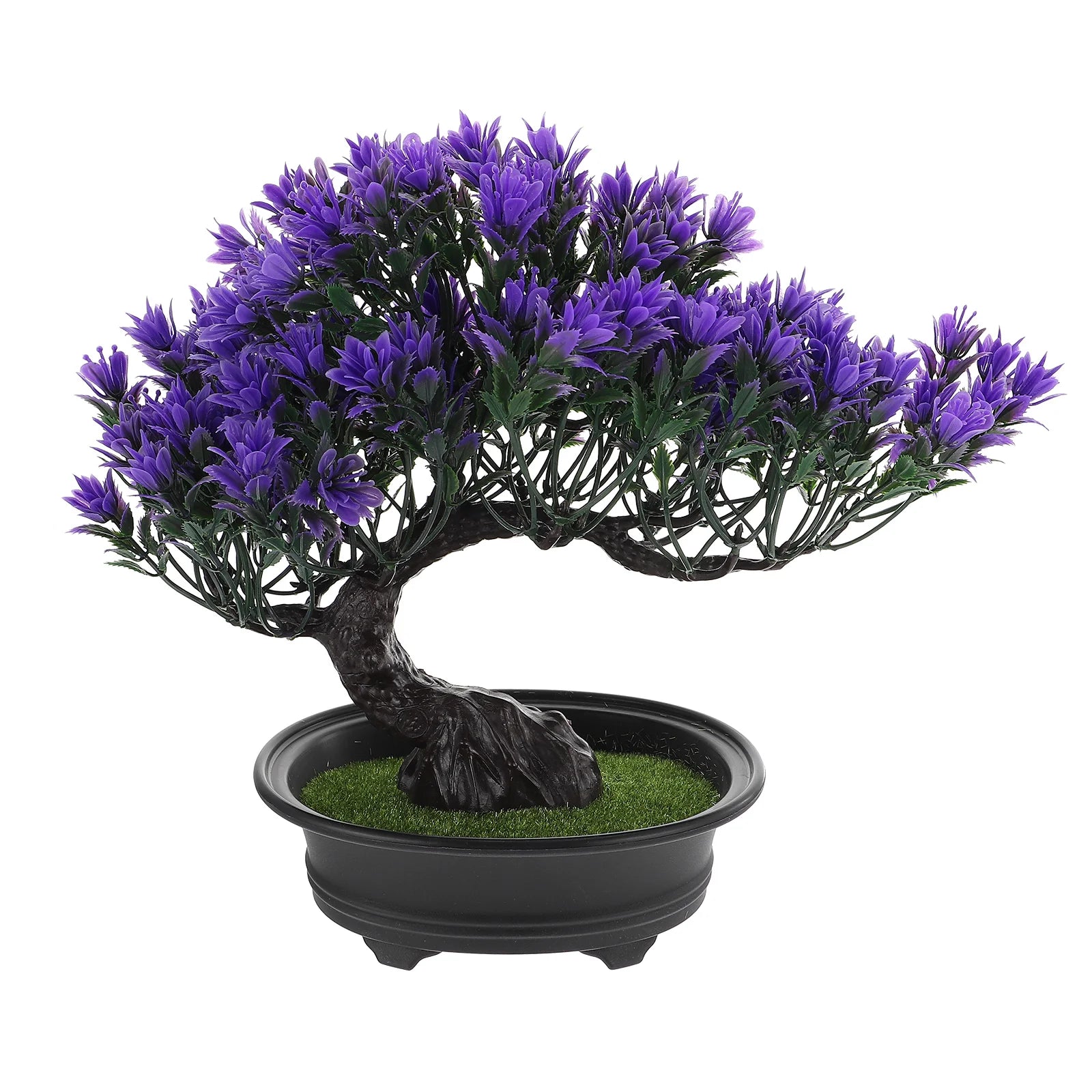 Artificial purple flower bonsai tree with a curved, dark trunk in a black plastic pot, set against a white background.