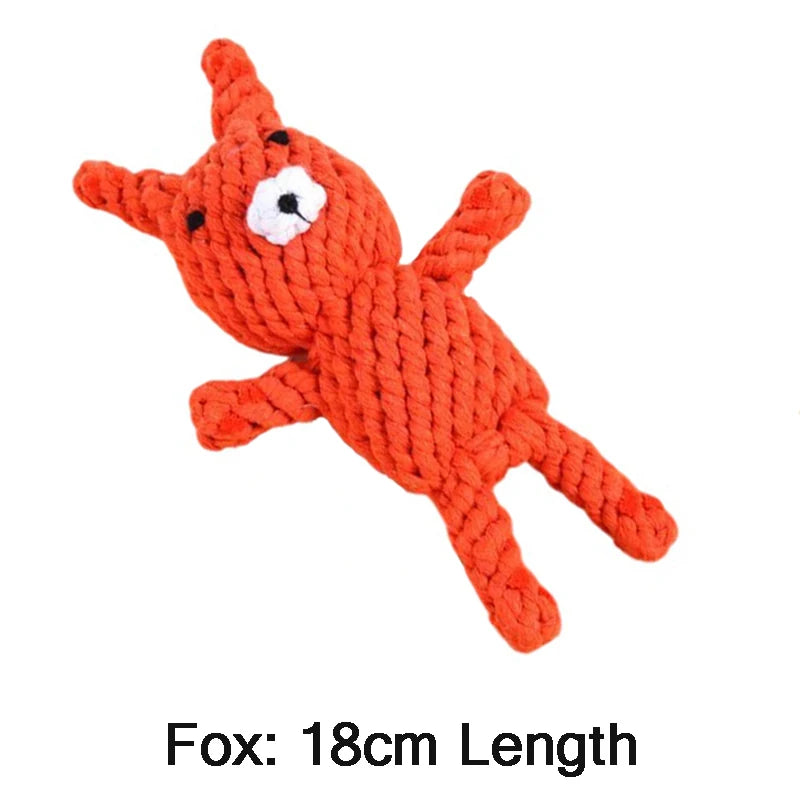 Bright orange woven cotton rope toy in the shape of a cute fox, 18cm long, ideal for dog teeth cleaning.