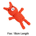 Bright orange woven cotton rope toy in the shape of a cute fox, 18cm long, ideal for dog teeth cleaning.