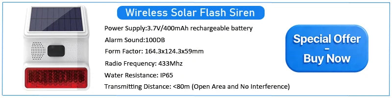 White wireless solar security siren with a red flashing light, speaker, and top-mounted solar panel.