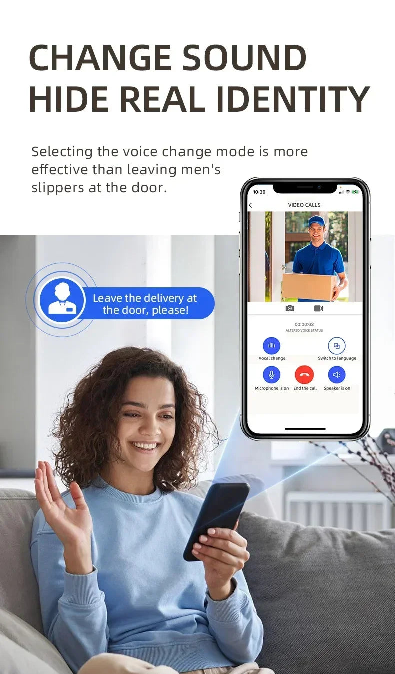 A smiling woman uses a smartphone app to talk to a delivery person via a wireless solar-powered video doorbell.