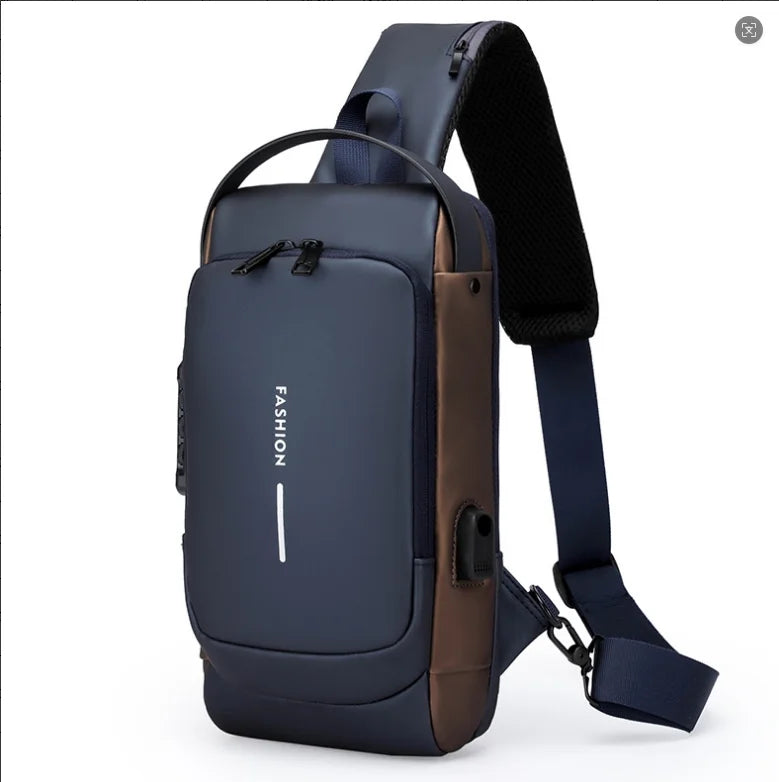 Navy blue and brown anti-theft chest bag with a password lock, USB charging port and adjustable shoulder strap.