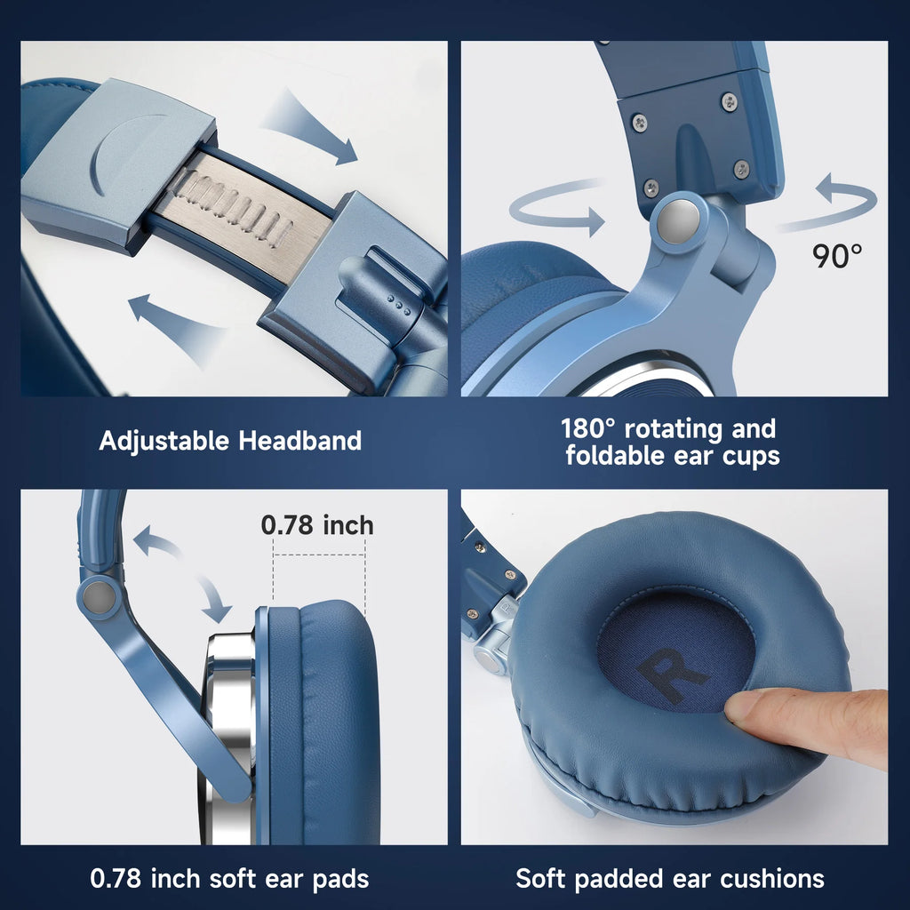 Blue professional studio headphones featuring an adjustable headband, rotating ear cups and soft, padded cushions.
