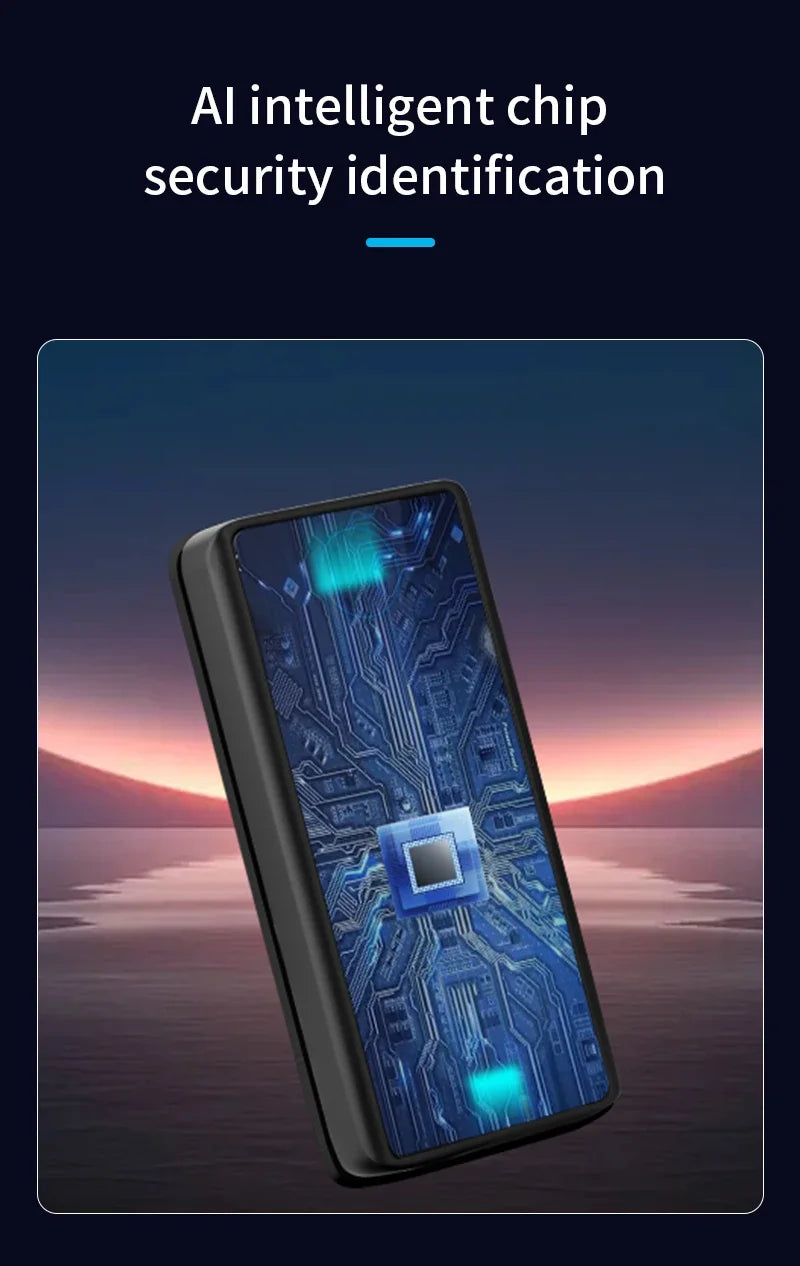 Black rectangular power bank with a digital circuit board overlay showing an integrated AI chip.