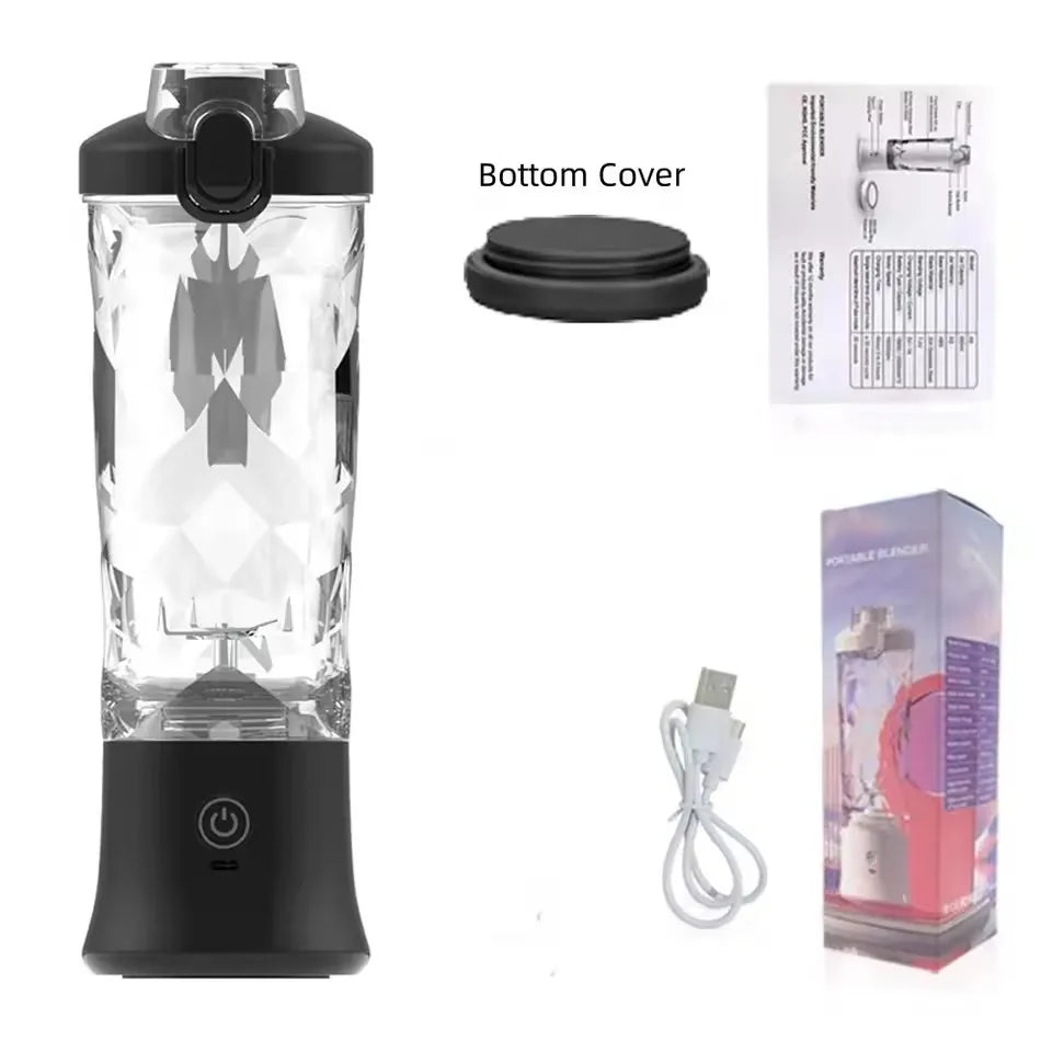 Portable black and clear diamond-cut blender set with charging cable, bottom cover, manual, and packaging box.