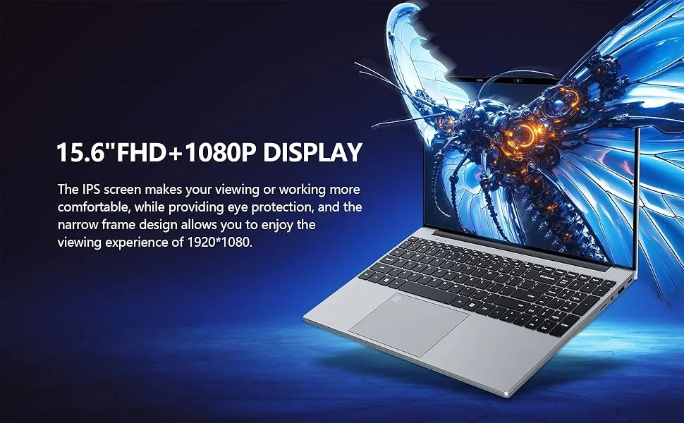Sleek silver 15.6-inch laptop with narrow-bezel FHD display showing vibrant butterfly graphic.