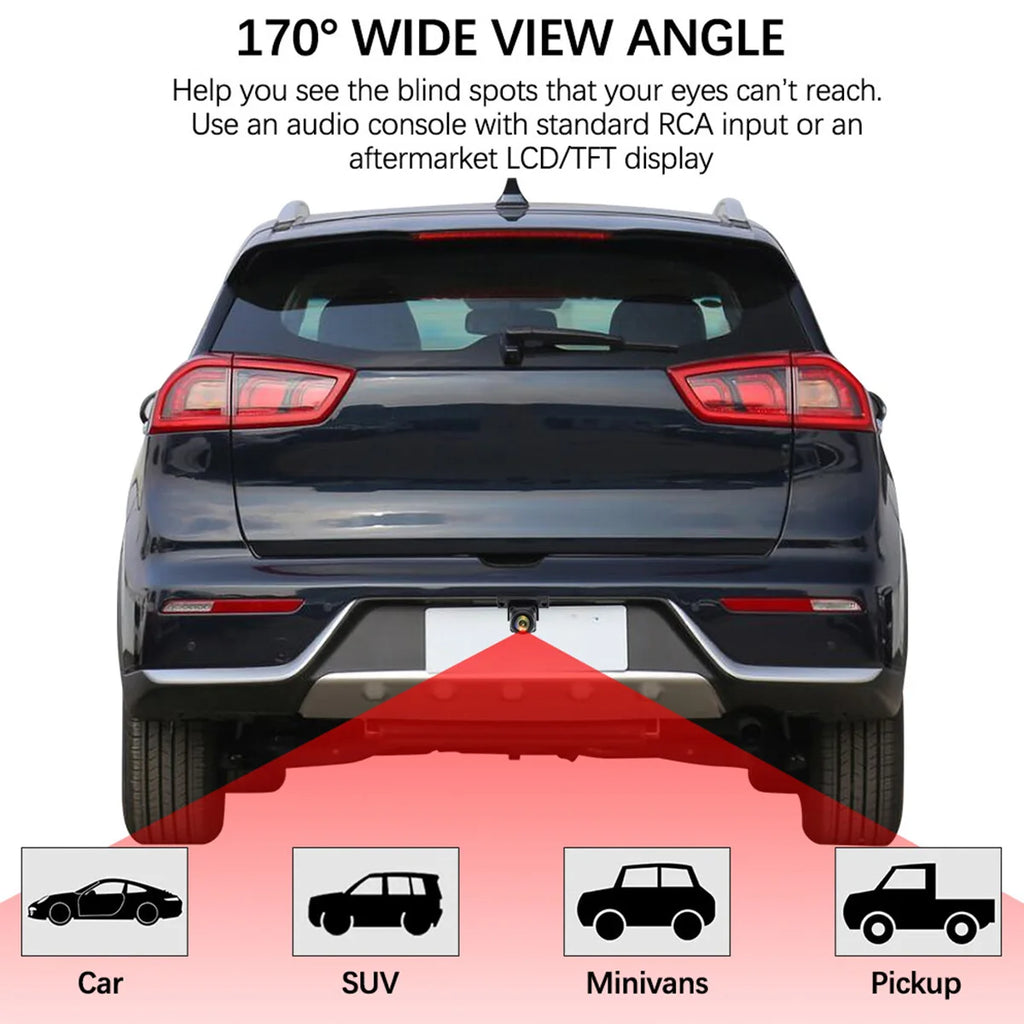 Black vehicle reversing camera with 170-degree wide-angle view, suitable for cars, SUVs, minivans, and pickups.