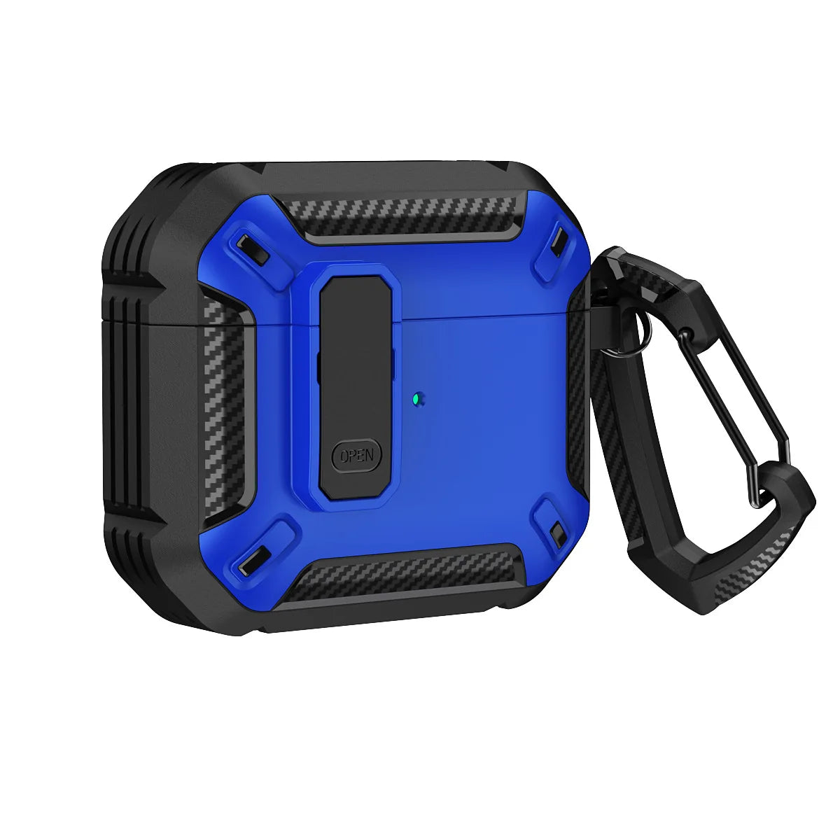 Rugged blue and black carbon-fibre style AirPods Pro case with secure locking latch and carabiner.